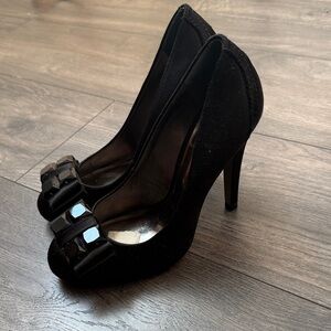 Tory Burch Black Gem-Embellished Peep-Toe Heels